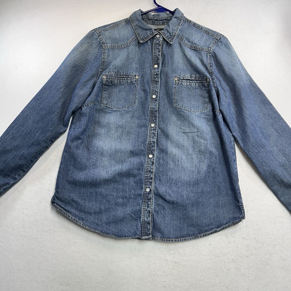 Faded Glory Women L 12 14 Denim Pearl Snap Shirt Long Sleeve Blue Western Y2K